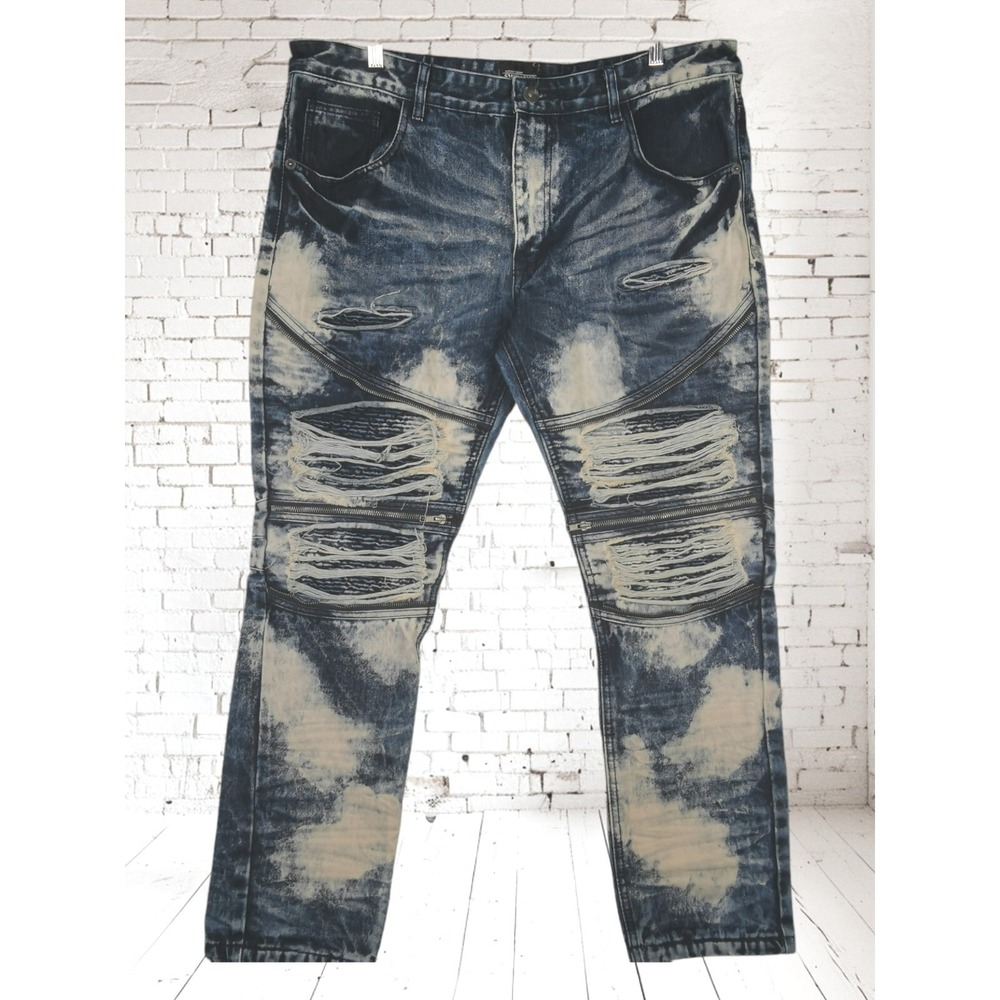 SMOKE RISE EXTRA TOUGH Men's Distressed Acid Washed Jeans Size 42X32 Tapered Leg
